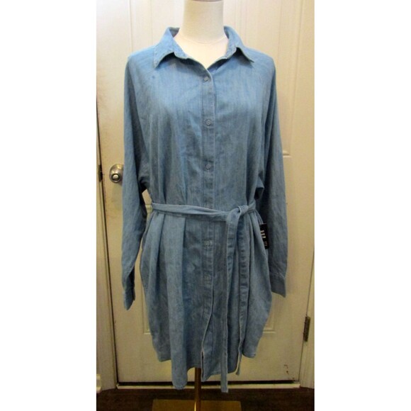 Express Denim Boyfriend Portofino Shirt Dress NWT Slit Pockets Womens Size M - Picture 2 of 9